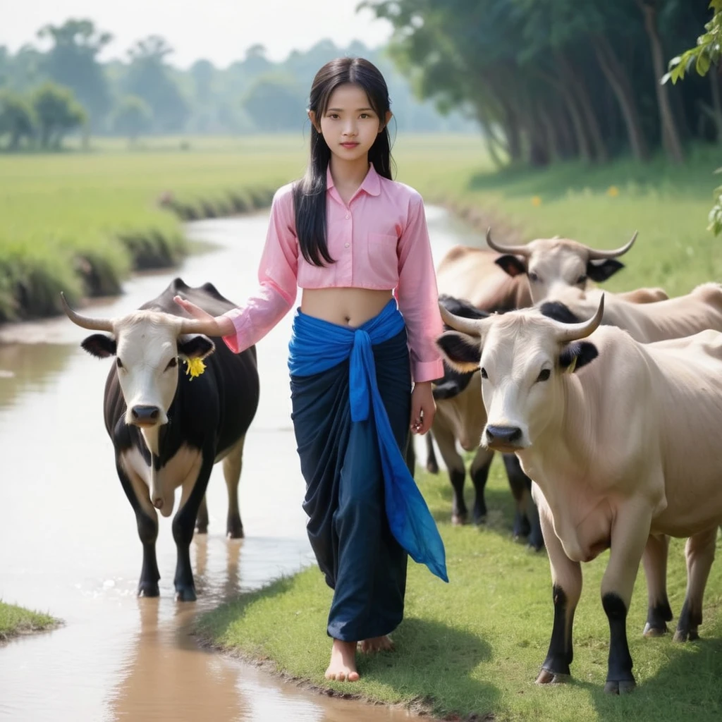 Sent by you:
Khmer Rural woman, beautiful girl, charming face, long black hair, wearing a blue sarong adorned with yellow flowers Khmer style, wearing a pink long-sleeved shirt Khmer style, holding a whip, herding ten cows and buffaloes, wearing a scarf, white skin , Field, stream, eight-year-old boy bathing in stream, bird, sun, realistic 8k