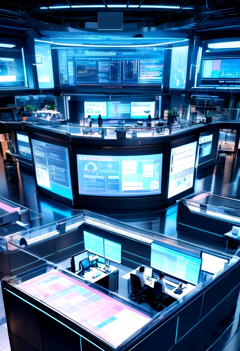 A futuristic office space with holographic displays, showing innovative business solutions, data analytics, and AI-driven insights.