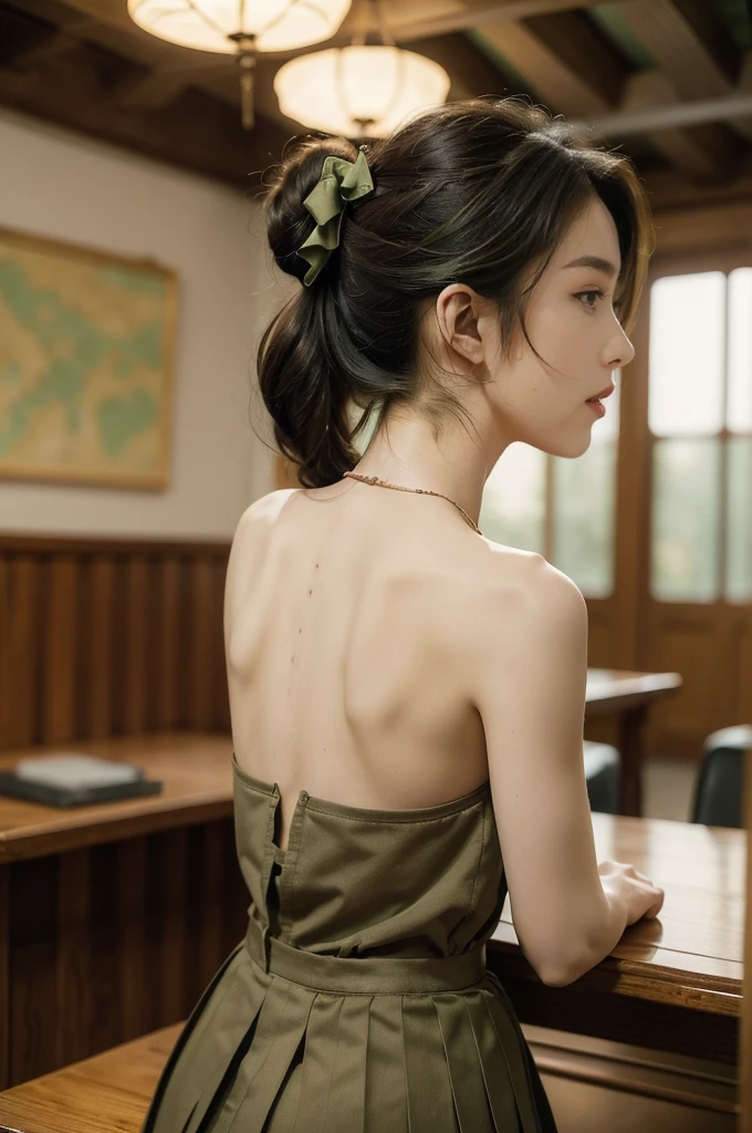 (((best quality))),(((ultra detailed))),(((masterpiece))),illustration,((1 beautiful young girl,female soldier,solo)),(short black ponytail:1.2),((slim,thin)),((shoulder off,strapless,bare back,towering hips,butt crack)),determined,professional,demeanor,(light green collared short-sleeved shirt:1.3),(dark green pleated skirt:1.2),(slender legs:1.2),military,affiliation,background,military conference room,walls,maps,battlefields,strategic points,markings,(large red flag),nation's unity,strength,seriousness,planning,important discussion,rigid posture,focused expression,confidence,respectability,bright intense eyes,analyzing situation,contribute thoughts,ideas,charm,powerful,intense atmosphere,freezes moment in time,essence,striking appearance,(night scene:1.2),((from back,upper body))