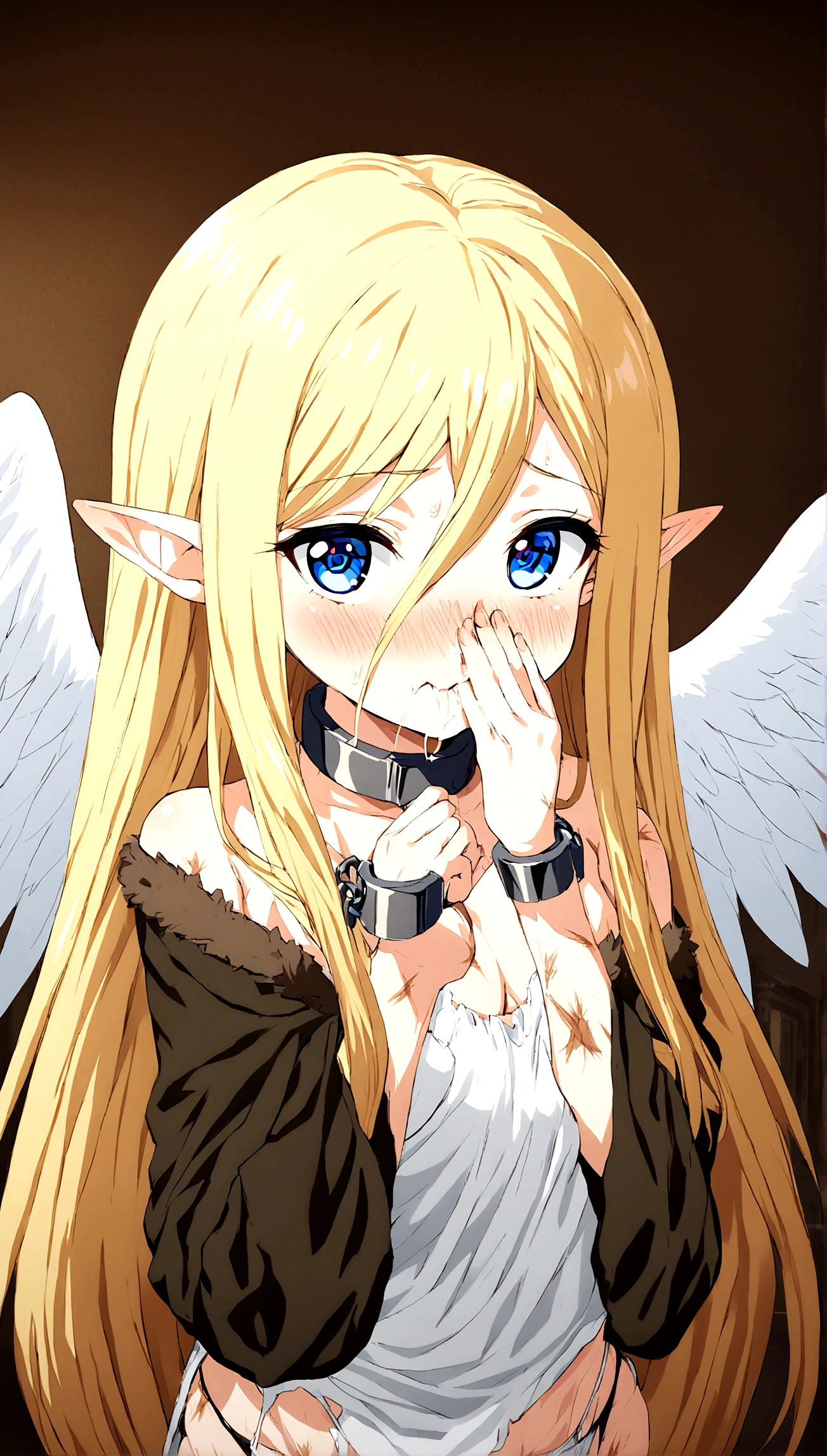 Anime. 1 Girl. Cute girl. Angel. Slave. Blonde. Long hair. Blue eyes. Beautiful eyes. Perfect eyes. Expressive eyes. Ideal face. Snotty nose. 16 years. Big breasts. Beautiful breasts. Pointy ears. Cold. Allergy. Runny nose. Snot. Snot flows from the nose. Temperature. Blush. Wants to sneeze. I have to sneeze
Strong, desperate desire to sneeze. Sneezes. Covers his nose with his hands. Snot flows from the nose. Blows his nose. Snot on hands. Ideal anatomical body. Beautiful long legs. The whole body is covered in scars. Angel wings. White wings. Dirty tunic. Torn tunic. dirty panties. Torn panties. Barefoot. Slave collar. Shackles. Standing. Full height. Fantasy. City. Street. Many people. Beautiful character design. Shiny skin. Full body. nsfw. Scat. Official art. Extremely detailed CG Unity 8k wallpaper. Ideal lighting. Ultra high resolution 4K. Super detailed 8K. A high resolution.