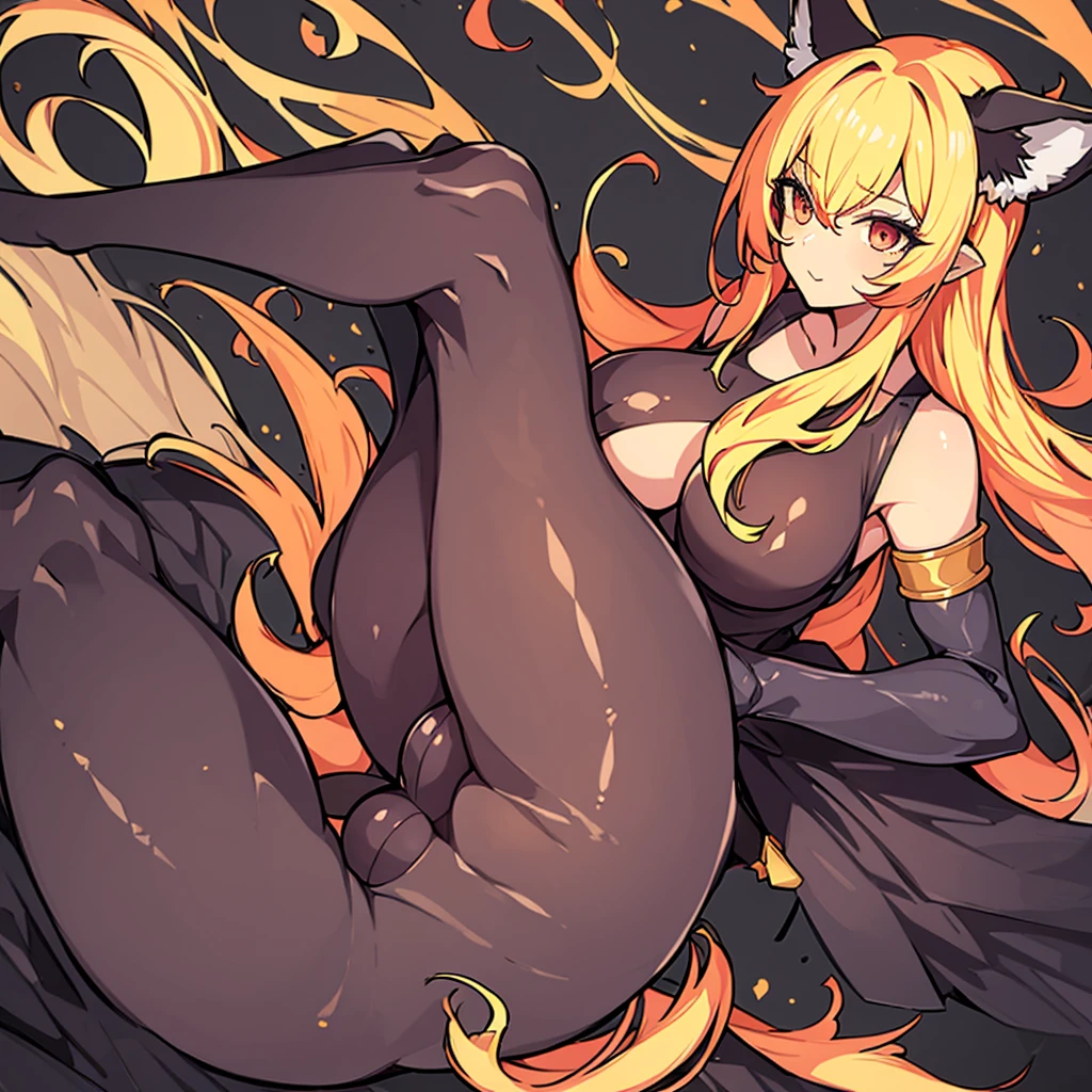 1 girl, detached sleeves, neckleace, multicolored hair, hair blonde, Bblack hair, animal ears, pantyhose, multiple tails, trunk, lindo rosto, perfectbody, glare eyes, work of art, best qualityer, focus on details