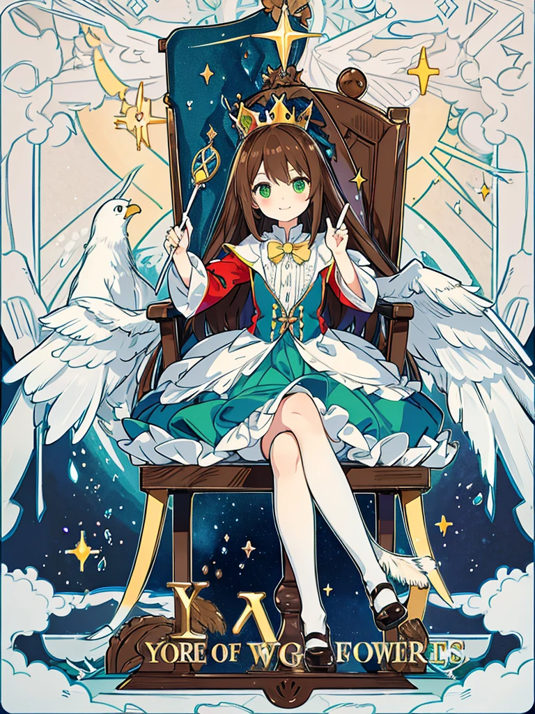 kawaii, anime, Cute, hyper quality, highly detailed, 16k, Front facing, Clarity, full body, smile, one girl and one bird, long brown hair, green eyes, alice in wonderland, throne, Fantastic, cross your legs, crown, crystal, brown bird familiar, magic effects, creepy smile, eagle wings on the back, night, chipped crescent moon, knee socks, accessories, bird monster, Feathers dance, crystal wand, brown bird, throne room, universe, stars are flowing,
