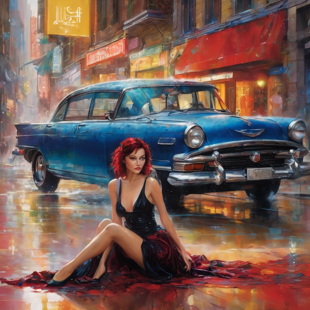 (Sensual+erotic UHD-photography vibrantart by Saea Nagel, by Rafał Olbiński, by Paolo Eleuteri Serpieri, by Craig Morey, by Neil Galen, by Fasfoto, by Perry Galagher, by Nai Sirrom :1.4), (energetic+alluring art by Ben Bauchau, Michael Garmash, Daniel F Gerhartz, Clint Cearley, Carne Griffiths, Jean Baptiste Monge :1.1), (mindblowing art by Anne Dittmann, by Julie Bell, Raymond Swanland, by Yoshitaka Amano :1.25), (graffiti art by Rene Magritte, by Remedios Varo :1.2), (Fantasticalart by Michael Whelan, by Amy Brown, by Nene Thomas, by Brian Froud, by Alan Lee, by Jasmine Becket-Griffith, by Mary Blair, by Paul Rand, by Maira Kalman :1.1), (Luminous+ethereal art by Lisa Ericson, by J.A.W. Cooper, by Meredith Dittmar, by Fenghuq Zhong :1.25), (a 35-year old hot+beautiful female drenched+soaked showgirl, with dark red hair, wearing highly_erotic_skirt+blouse, posing sensually next to a car, her high heels on the ground :1.6), (hyperrealistic skin texture and skin pores with tiny natural blemishes :0.8), (exact replicate of (Michaela Prosan:Christina Ich:0.3) and (Yuliya Snigir:Phoebe Tonkin:0.6) and (Irina Shayk:Maddie Phillips:0.3) :1.5). (Sweeping vista, wide angle, full bodylength view :1.6)