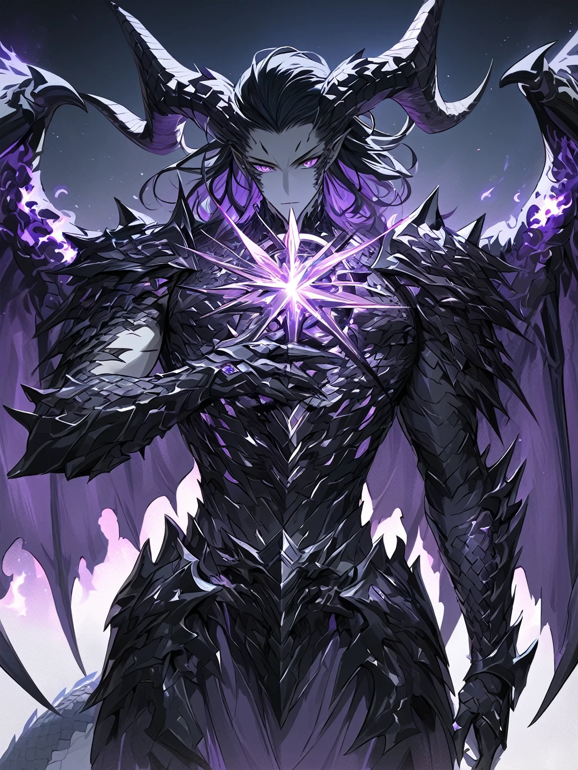 Masterpiece, Very detailed, ultra detailed, one, (1 man), man with a V-shaped body, Gray skin colour, dragon horns, two large dragon wings, full detailed dark obsidian armor with light purple details that seemed like a purple fire. Long black hair combed back, and reptile eyes that shine crimson-purple. In the style of manhwa "Omniscient Reader's Viewpoint"