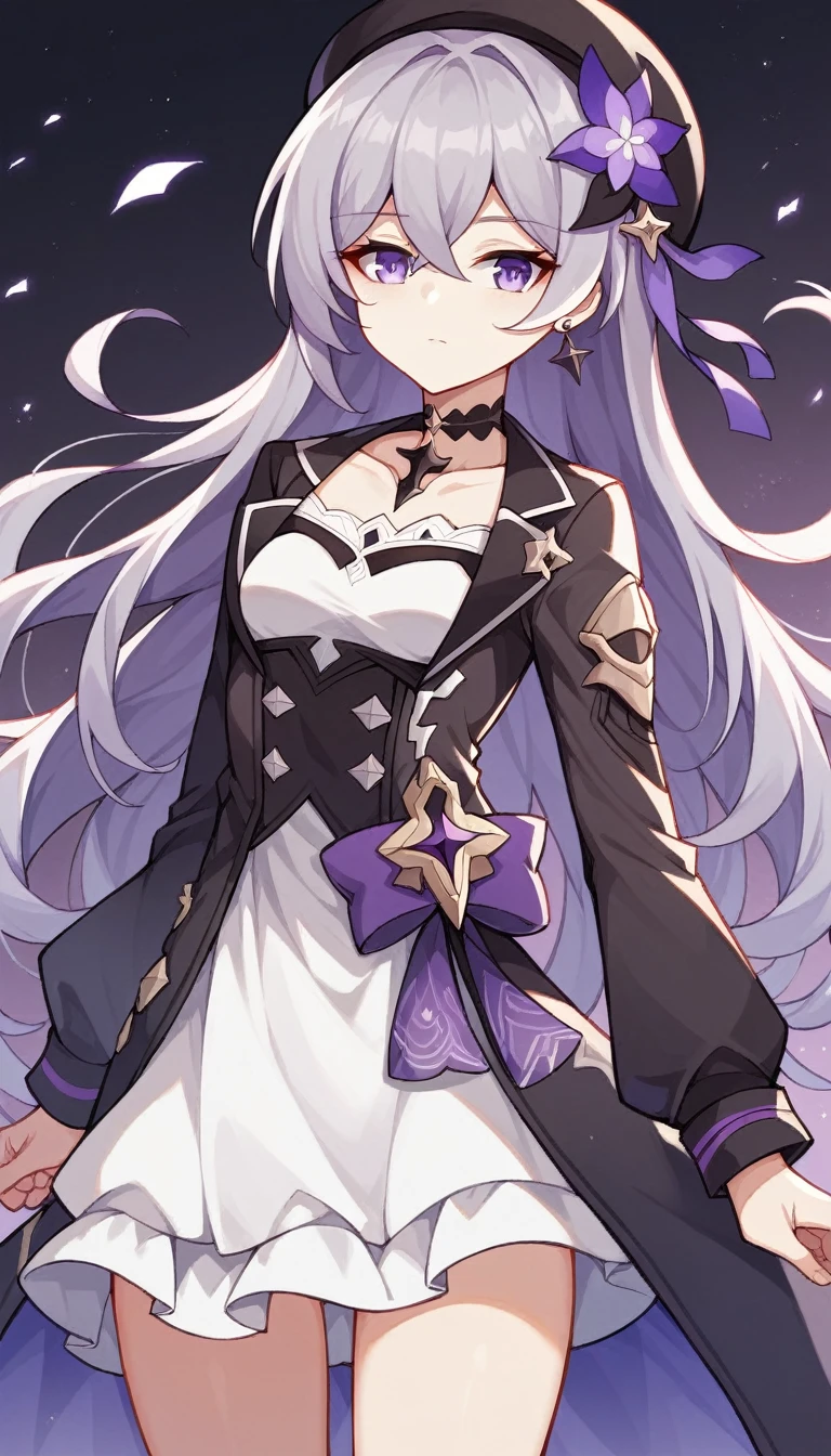 masterpiece, best quality, ultra-detailed, illustration, 1girl, solo,  herta /(honkai star rail/), grey hair, long hair, purple eyes, doll joints, small breasts, purple hair flower, beret, single earring, choker, collarbone, hertadress, black jacket, long sleeves, purple ribbon, frills, white dress, checkered dress, tailcoat, cowboy shot, thighs,Herta