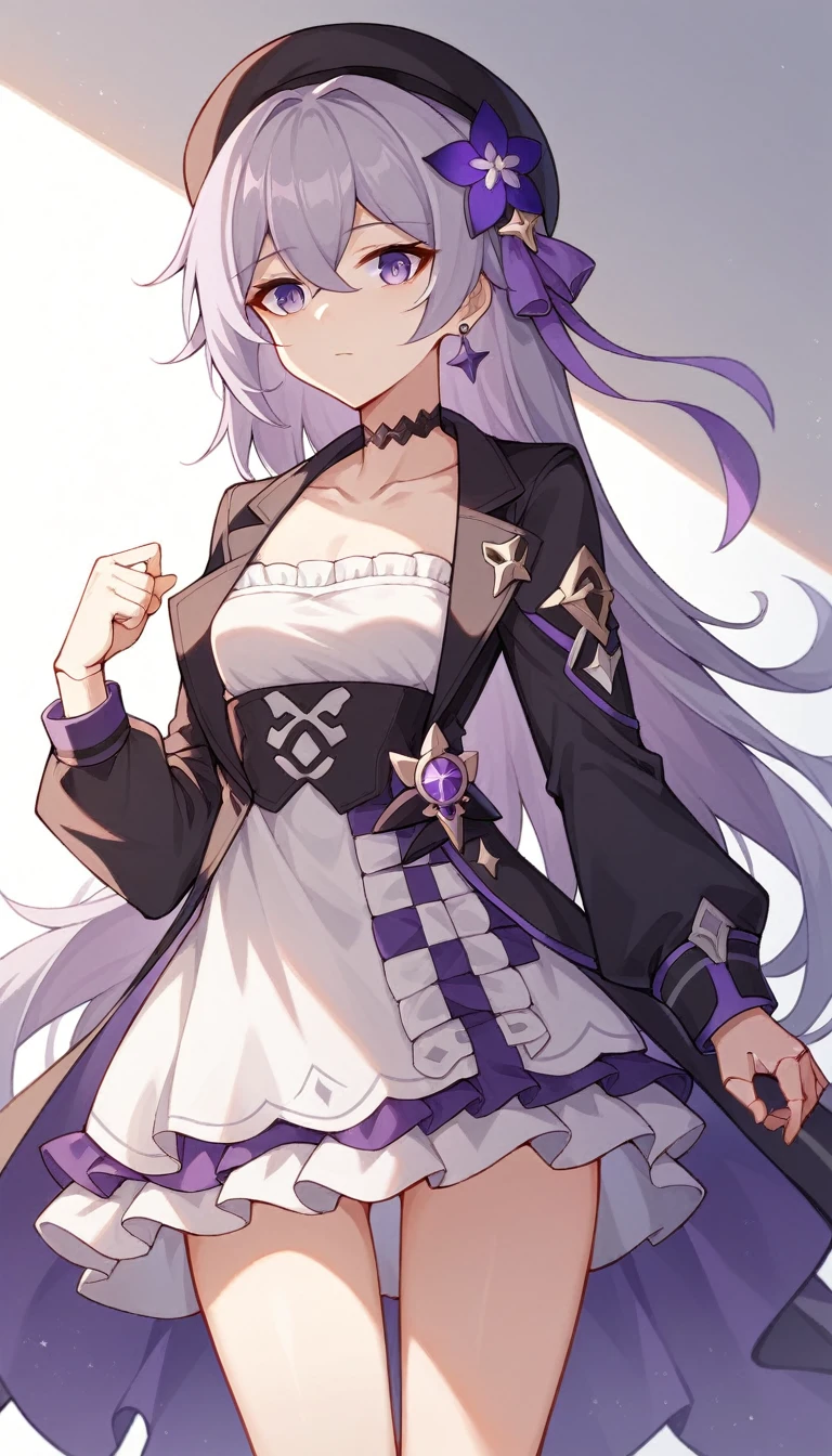 masterpiece, best quality, ultra-detailed, illustration, 1girl, solo,  herta /(honkai star rail/), grey hair, long hair, purple eyes, doll joints, small breasts, purple hair flower, beret, single earring, choker, collarbone, hertadress, black jacket, long sleeves, purple ribbon, frills, white dress, checkered dress, tailcoat, cowboy shot, thighs,Herta