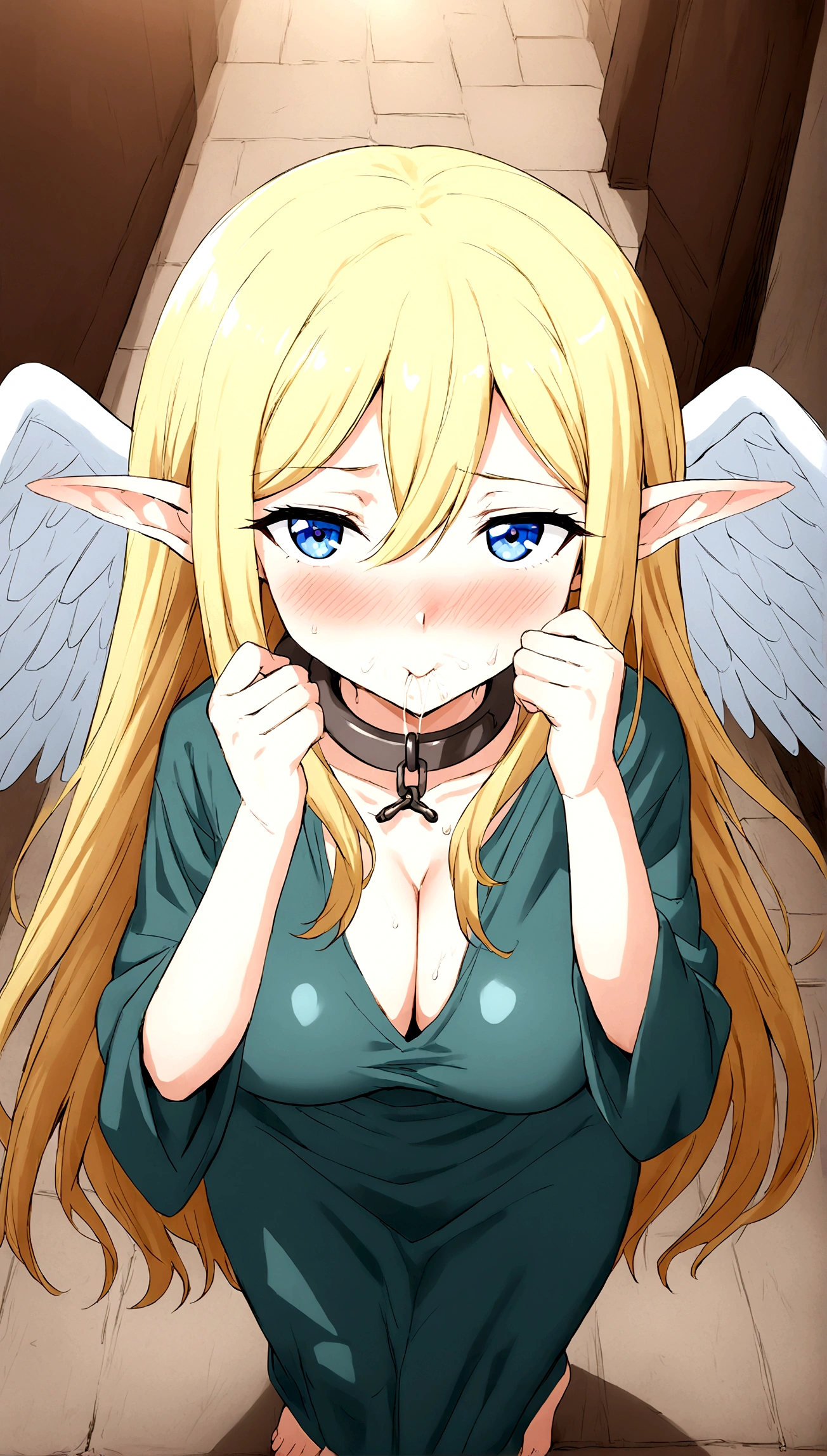 Anime. 1 Girl. Cute girl. Angel. Slave. Blonde. Long hair. Blue eyes. Beautiful eyes. Perfect eyes. Expressive eyes. Ideal face. Snotty nose. . Big breasts. Beautiful breasts. Pointy ears. Cold. Allergy. Runny nose. Snot. Snot flows from the nose. Temperature. Blush. Wants to sneeze. I have to sneeze
Strong, desperate desire to sneeze. Sneezes. Covers his nose with his hands. Snot flows from the nose. Blows his nose. Snot on hands. Ideal anatomical body. Beautiful long legs. The whole body is covered in scars. Angel wings. White wings. Dirty tunic. Torn tunic. dirty panties. Torn panties. Barefoot. Slave collar. Shackles. Standing. Full height. Fantasy. City. Street. Many people. Beautiful character design. Shiny skin. Full body. nsfw. Scat. Official art. Extremely detailed CG Unity 8k wallpaper. Ideal lighting. Ultra high resolution 4K. Super detailed 8K. A high resolution.