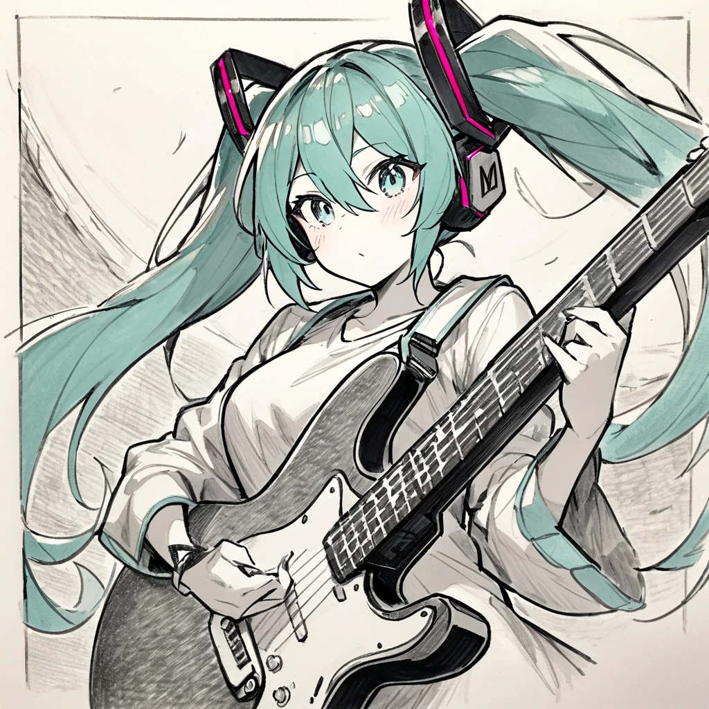 1girl, traditional media, hatsune miku, graphite (medium), mechanical pencil, linear hatching, great quality, normal quality, very aesthetic, hatching (texture), greyscale, monochrome, outside border, colored pencil (medium), partially colored, aqua hair, holding, guitar, mixed media,