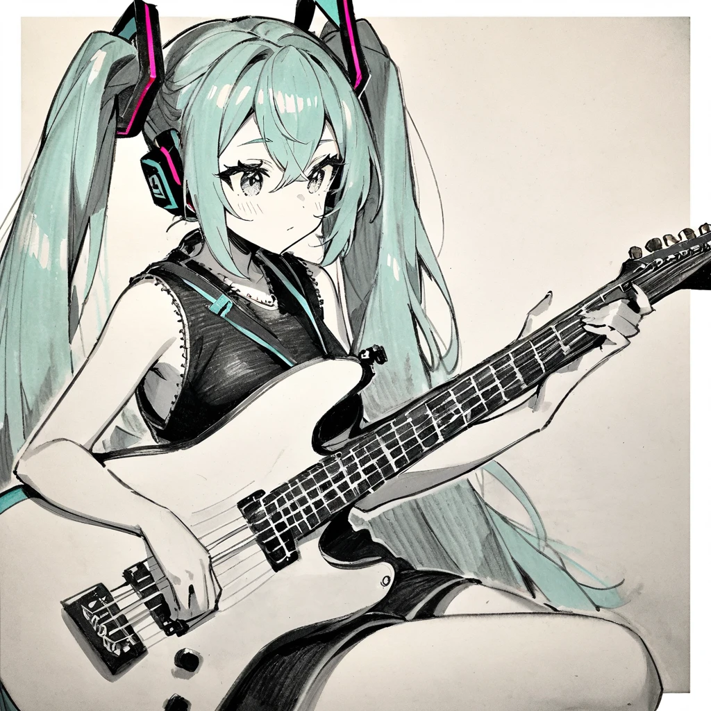 1girl, traditional media, hatsune miku, graphite (medium), mechanical pencil, linear hatching, great quality, normal quality, very aesthetic, hatching (texture), greyscale, monochrome, outside border, colored pencil (medium), partially colored, aqua hair, holding, guitar, mixed media,