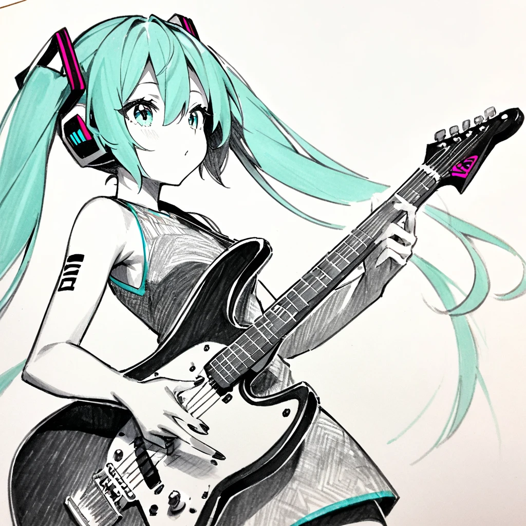 1girl, traditional media, hatsune miku, graphite (medium), mechanical pencil, linear hatching, great quality, normal quality, very aesthetic, hatching (texture), greyscale, monochrome, outside border, colored pencil (medium), partially colored, aqua hair, holding, guitar, mixed media,