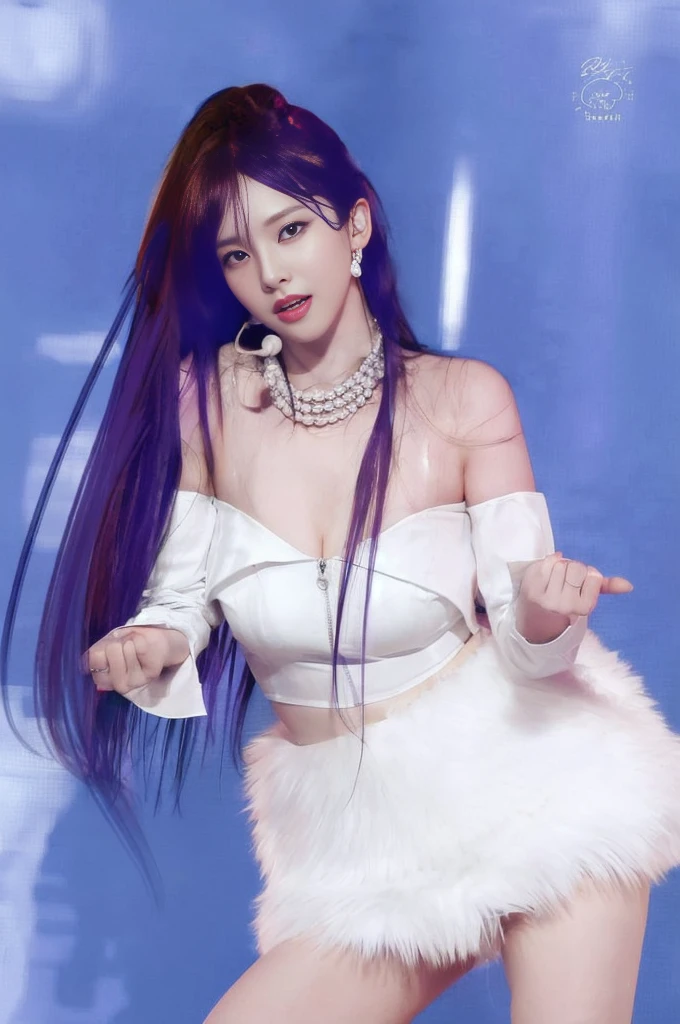 1Girl, (((dark orange violet hair))), wearing a white crop top, fluffy white pants, white sleeve stockings, (((purple eyes))), fair skin, big eyes, double eyelids, egyseol, body goals, (((cute face)))