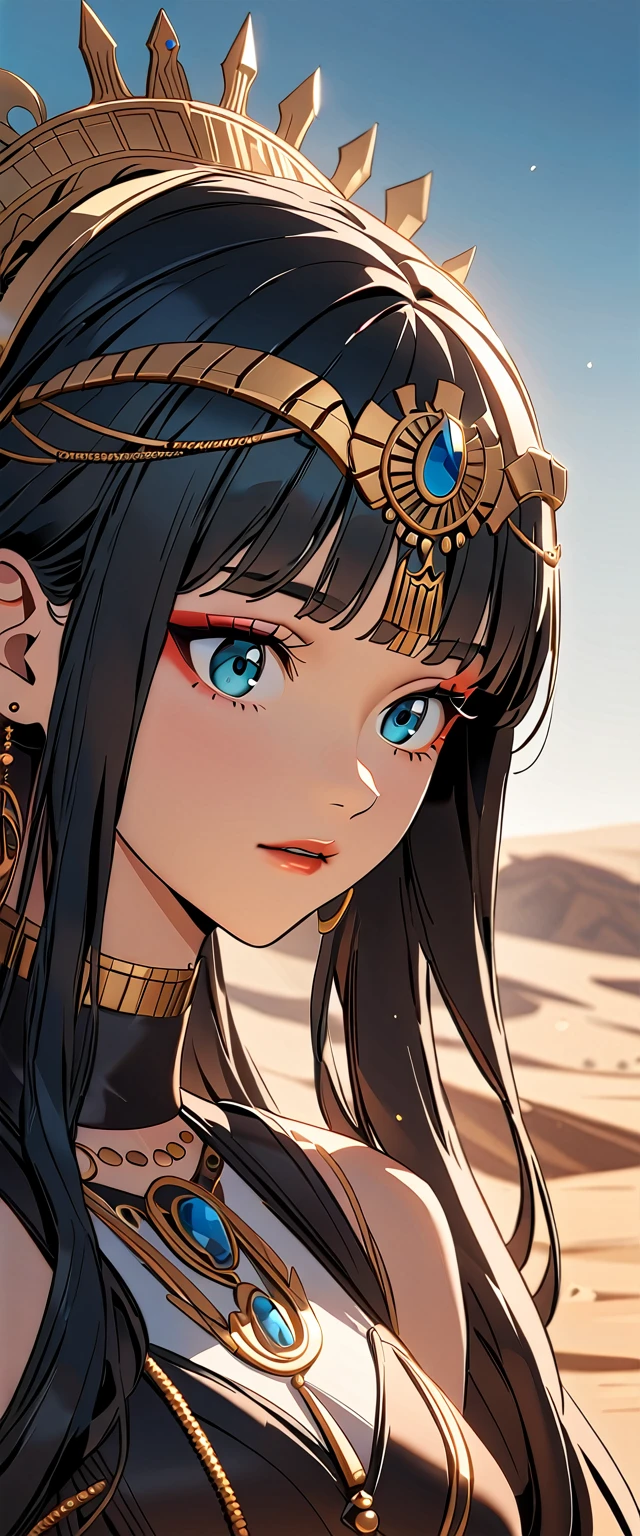 Photo of Cleopatra with natural skin, Short, voluminous black hair, Sharp eyes with blue eyeshadow, A thin, upturned nose, circlet・diadem, Well-shaped lips, Hourglass-shaped body shape, Typical attire, Makeup, Exquisitely crafted with the utmost attention to detail, Vibrant, amazing, Smooth, Cinematic, 4K, Backlight, Fantasy Desert Background, Shallow depth of field.
