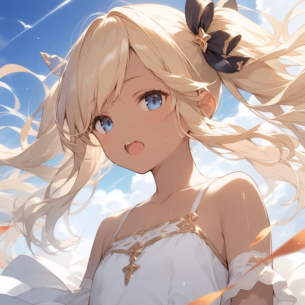 score_9, score_8_up, score_7_up, source_anime, best quality, masterpiece, official art, absurdres, highres, ultra-detailed,waifu2x,Collection: Slice of Life,break,1girl, io \(granblue fantasy\), dark-skinned female, blonde hair, swept bangs, blue eyes,gradient hair, hair ornament, long hair, flat chest, thighhighs, twintails, sweat, open mouth, sleepily,  outdoors, wind,break,(clear line illustration:1.2), super detailed skin,very high resolution, very aesthetic, Best sexual lighting powered by famous artist, 8k,cute picture,beauty illustration,photoshop_(medium),,(Detailed Lighting),best anime 8k konachan wallpaper, pixiv contest winner, 