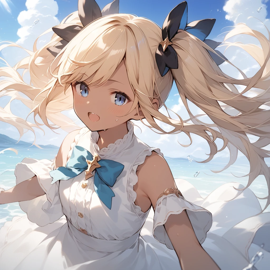 score_9, score_8_up, score_7_up, source_anime, best quality, masterpiece, official art, absurdres, highres, ultra-detailed,waifu2x,Collection: Slice of Life,break,1girl, io \(granblue fantasy\), dark-skinned female, blonde hair, swept bangs, blue eyes,gradient hair, hair ornament, long hair, flat chest, thighhighs, twintails, sweat, open mouth, sleepily, outdoors, wind,break,(clear line illustration:1.2), super detailed skin,very high resolution, very aesthetic, Best sexual lighting powered by famous artist, 8k,cute picture,beauty illustration,photoshop_(medium),,(Detailed Lighting),best anime 8k konachan wallpaper, pixiv contest winner,