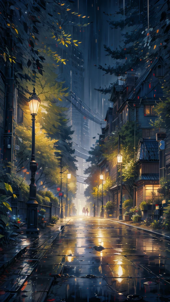 a painting of a rainy night scene with a street light and trees, rainy night, rainy night city street, detailed painting 4 k, rainy street, rainy streets in the background, rainy evening, late night raining, glowing lights! digital painting, anime background art, high quality digital painting, rainy city at night, city lights made of lush trees