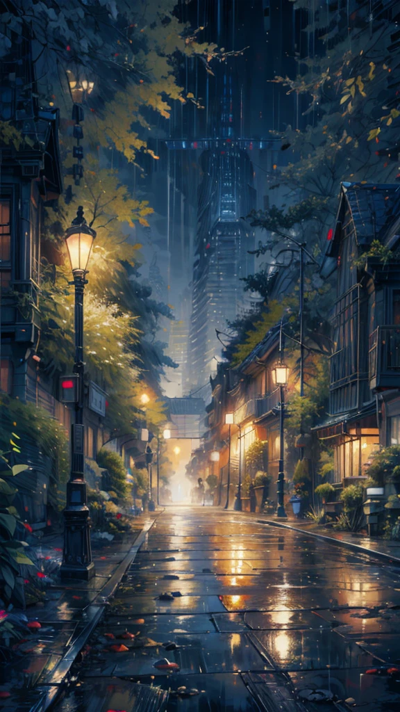 a painting of a rainy night scene with a street light and trees, rainy night, rainy night city street, detailed painting 4 k, rainy street, rainy streets in the background, rainy evening, late night raining, glowing lights! digital painting, anime background art, high quality digital painting, rainy city at night, city lights made of lush trees