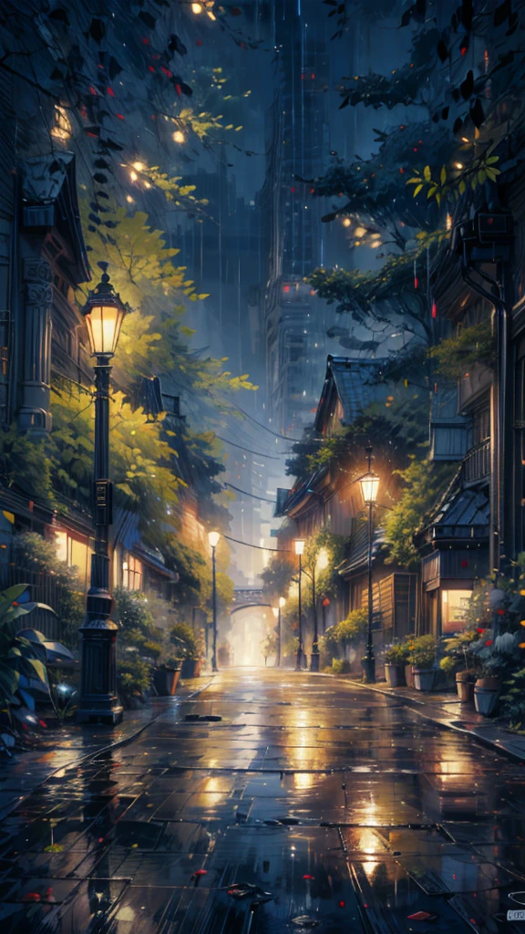 a painting of a rainy night scene with a street light and trees, rainy night, rainy night city street, detailed painting 4 k, rainy street, rainy streets in the background, rainy evening, late night raining, glowing lights! digital painting, anime background art, high quality digital painting, rainy city at night, city lights made of lush trees