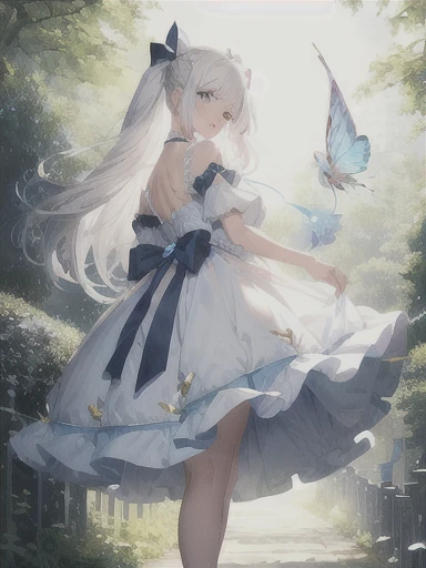 Beautiful white-haired woman、Highest quality、18 year old beauty、Big Breasts、A light blue, fairy-like, fluffy dress、A long navy blue ribbon is attached to the back of her hair.、Half Up Hair、smile、pink shoes、Tea party