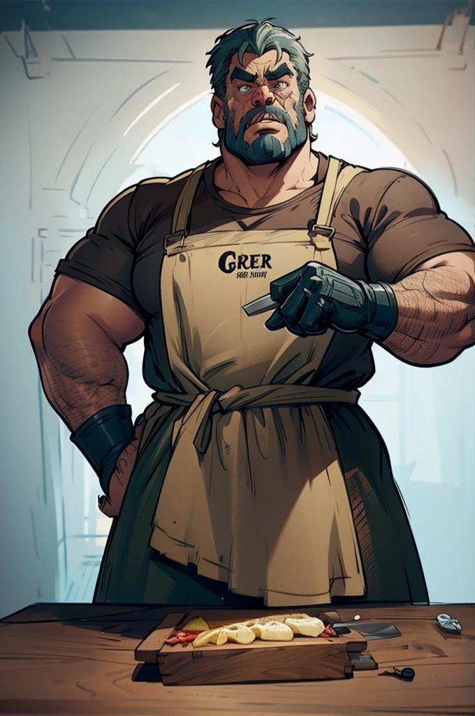 a cartoon image of a man with a knife in his hand, big Metzger man posing scarily, Ogre chef in an apron, Illustration concept art, extremely realistic concept art, realistic character concept art, He has big knives on his belt, Concept art illustration, Concept art by Greg Rutkowski, extremely detailed concept art, Metzger, professional concept art, senior concept artist
