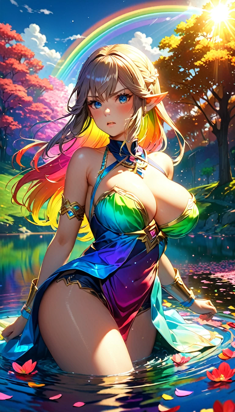 Highest quality, Super quality, 16K, Incredibly absurd, Very detailed, delicate and dynamic, Natural light, Fine particles reflect rainbow colors, Diffuse reflection of light, Vortex of Light, Many rainbow-colored petals fall, Beautiful lake, Shining Sun, 湖面にDiffuse reflection of light, Create amazing image effects, , (, cute sexy girl, huge bouncing busts, Sensual expression, passionate, Serious, Tsundere, the legend of zelda)