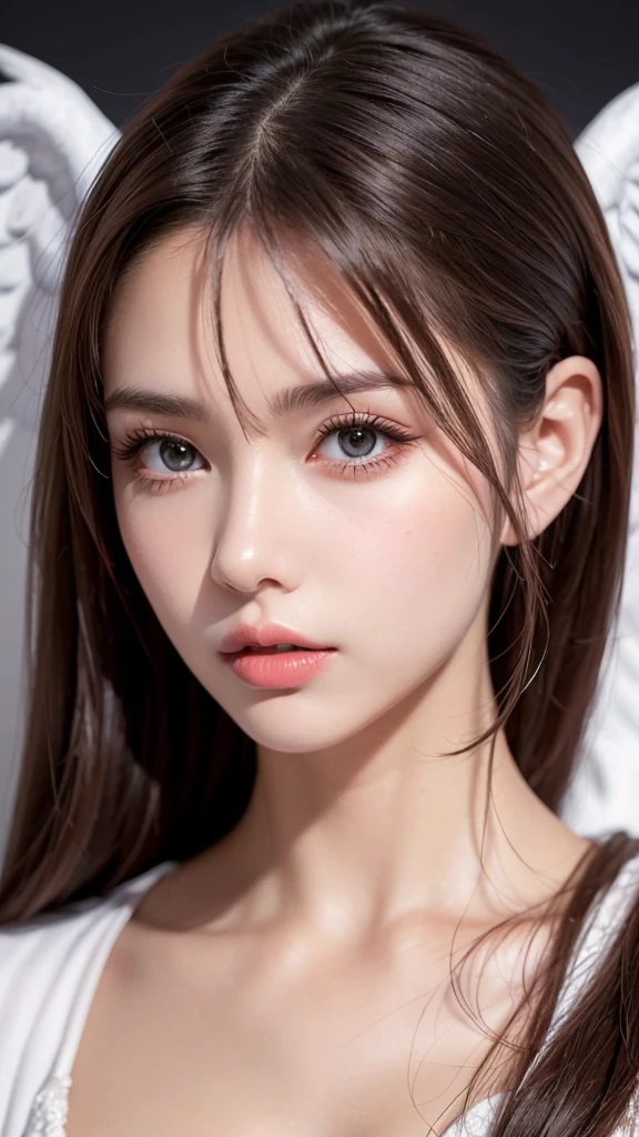 Realistic woman like in the photo, Woman brown eyes, Brown Hair, ultrahd, Surrealism style, Angel, Detailed face  