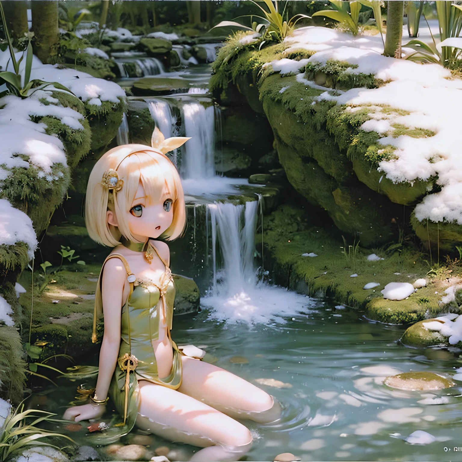 1girl, ((moth antennae)), solo, ((moth)), ((arthropod girl)), ((moth wings)), medium hair, difficult design, jungle style, fashion, monster girl, summer clothes, water effect, green plants, jungle, nature, scenery, ((official art)), ((concept art)), ((reference)), ((multiple pictures)), ((chibi)), white background