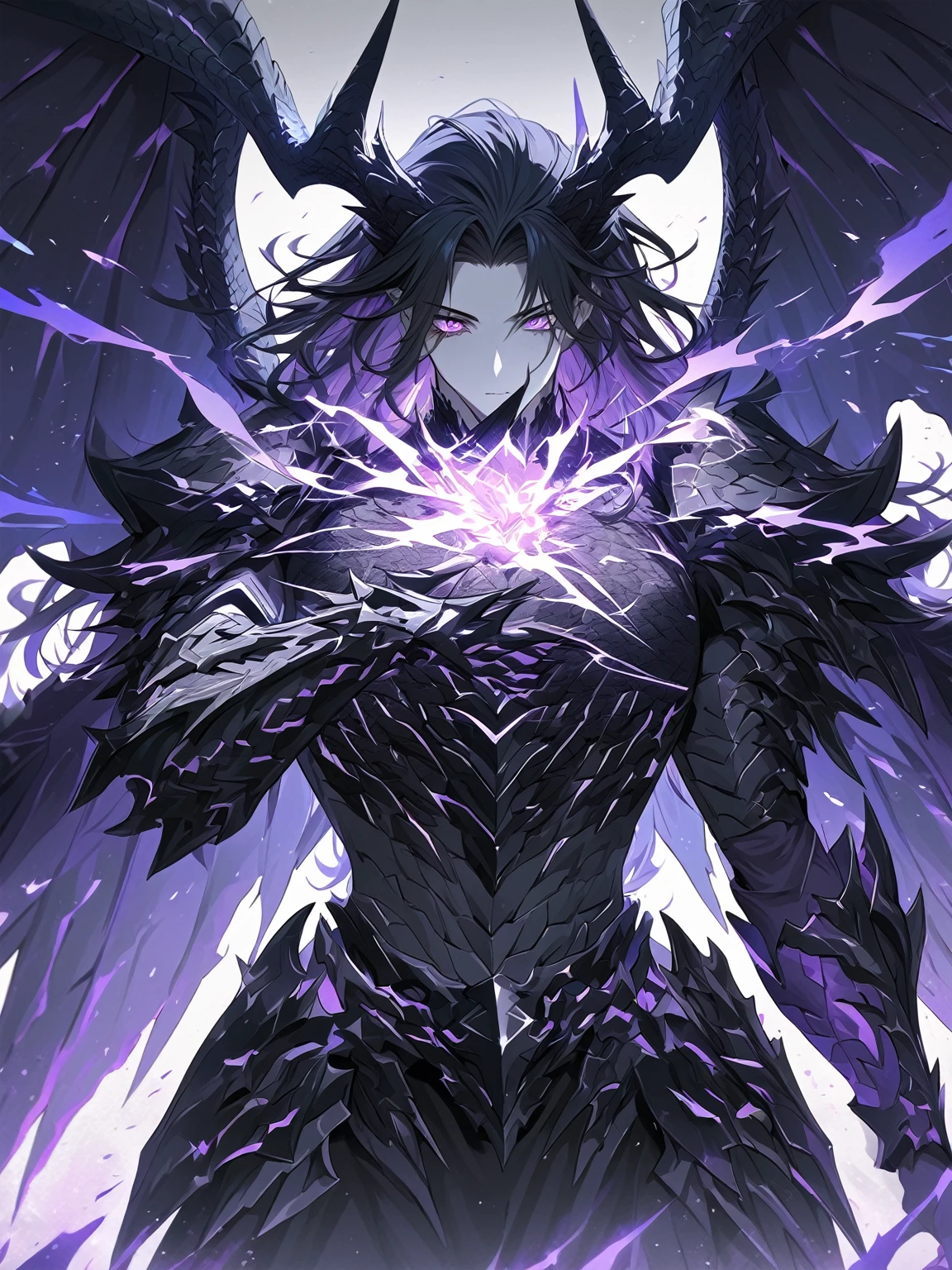 Masterpiece, Very detailed, ultra detailed, one, (1 man), man with a V-shaped body, Gray skin colour, dragon horns, two large dragon wings, full detailed dark obsidian armor with light purple details that seemed like a purple fire. Long black hair combed back, and reptile eyes that shine crimson-purple. In the style of manhwa "Omniscient Reader's Viewpoint"