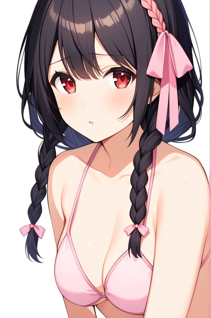 alone, One girl、Crown braids in the same color as your hair, hair ornaments, Hair Ribbon, (White and pink bikini),Red Eyes、Black Hair、(She&#39;s all lovey-dovey:1.6)、(blush:1.2)、C cup breasts、Poolside、、Splash、Wet