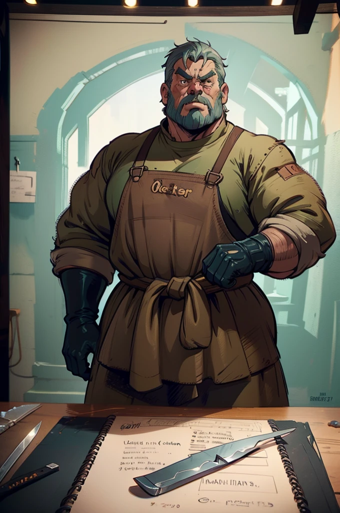 a cartoon image of a man with a knife in his hand, big Metzger man posing scarily, Ogre chef in an apron, Illustration concept art, extremely realistic concept art, realistic character concept art, He has big knives on his belt, Concept art illustration, Concept art by Greg Rutkowski, extremely detailed concept art, Metzger, professional concept art, senior concept artist
