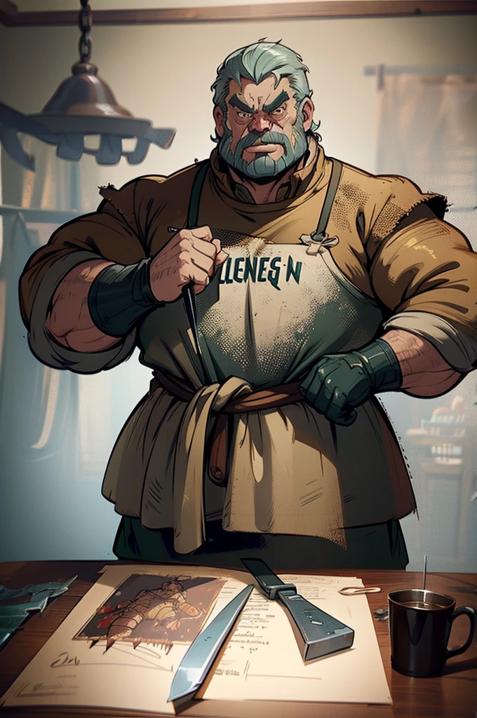 a cartoon image of a man with a knife in his hand, big Metzger man posing scarily, Ogre chef in an apron, Illustration concept art, extremely realistic concept art, realistic character concept art, He has big knives on his belt, Concept art illustration, Concept art by Greg Rutkowski, extremely detailed concept art, Metzger, professional concept art, senior concept artist
