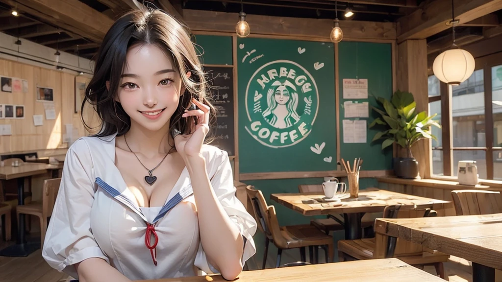 
((((((((Emphasize cleavage))))))))
((((((((A junior high school girl in a sexy white short-sleeved sailor uniform))))))))
(((((((お洒落でcuteInside the Starbucks store)))))))
8K、RAW Photos、Highest quality、Super detailed、Super Resolution、Ultra HD、8K壁紙、Amazing details



(((((((Inside the Starbucks store)))))))、
((((((Sit down and eat cake、Drink Starbucks coffee、smile))))))、((Heart Necklace))




Modern and sleek design：Interior design using natural materials、Many of the designs are warm and made using wood and metal.。
Large windows：自然光をたっぷり取り入れるためのLarge windowsがあり、Providing a bright and open space。
Green Interior：Potted plants are effectively placed、It creates a relaxing atmosphere。
artwork：Works by local artists、Starbucks-related art on display。
Cozy seating：Cushioned chairs and sofas、Bar sheet etc.、A variety of seating options available。
Open kitchen area：Being able to see how drinks and food are made、We provide peace of mind and transparency。
Unique lighting：Antique lamps and chandeliers、Modern lighting fixtures are used。
Comfortable background music：Relaxing music is playing、A comfortable space is provided。
Wide々Table space：一人でもグループでも使いやすいWide々There is a table with。
Community Table：There is a large table where you can socialize with other customers.。
Seasonal decorations：The decorations are themed according to the season.。
Design with a local feel：The design incorporates the local culture and characteristics.。
Fragrance production：コーヒーの香りが店内にWideがり、A space that satisfies the five senses has been created.。
Conversation with a barista：フレンドリーなConversation with a baristaが楽しめるカウンターエリアがあります。




8K、RAW Photos、Highest quality、masterpiece:1.2、Super detailed、Super Resolution、Ultra HD、8K壁紙、Amazing details、Photorealistic:1.4、Having fun by the water、Full Body Shot、Full body photo、High-resolution RAW color photos、Professional photos、A scene full of emotion、Very detailed and beautiful、Ultra HD、8K壁紙、Amazing details、Huge file sizes、Highly detailed beautiful girls、Highly detailed face Highly detailed eyes、Extremely realistic skin、 Highly detailed fingers, Highly detailed nose, Highly detailed mouth, Perfect Anatomy, Highly detailed background, Highly detailed clothing, Teen, cute女の子, Famous Japanese Idols, cute, Realistic body, Slender, White skin, Glowing Skin, Slim body, Realistic Face, Delicate eyes, double eyelid, 



