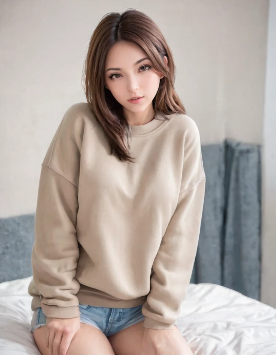 masterpiece, Best Quality, 8K, 1girl, 16 yo, Large breasts, Raw photo, Professional Photography, Portrait, Soft light, Professional Lighting, Solo, Full body, sofa, relax, Calm, Smile, Cute, Girly, Goddess, Delicate girl, Neat and clean beauty, Digital SLR, Looking away, Candid, Sophisticated, Film grain, (Eyes and faces with detailed:1.0), Short hair, sweatshirt, Sweatpants, living room,