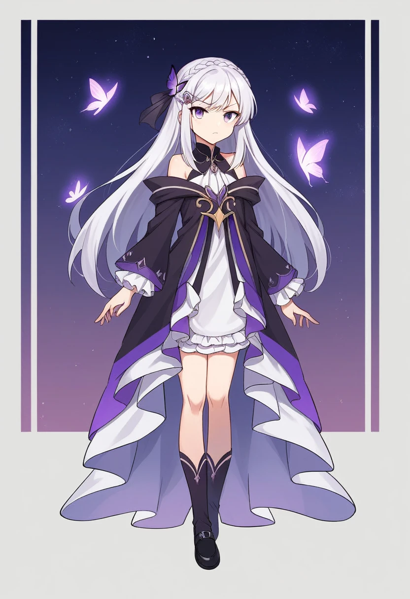 (best quality:1.3), (masterpiece:1.3), (illustration:1.3), (ultra-detailed:1.3), 1girl, solo, very young, flat chest, purple eyes, white hair, long hair, white dress, black coat, black beret, serious expression, angry expression, looking at viewer, purple flower, hair ornament, short, french braid, night sky, glowing purple butterfly, full body, black shoes, standing