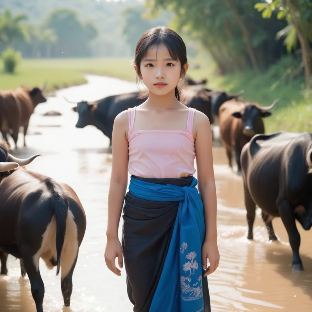 Sent by you:
Khmer Rural beautiful woman, 25 year old, charming face, long black hair, wearing a blue sarong adorned with yellow flowers Khmer style, wearing a pink long-sleeved shirt Khmer style, holding a whip, herding ten cows and buffaloes, wearing a scarf, white skin , Field, stream, eight-year-old boy bathing in stream, bird, sun, realistic 8k