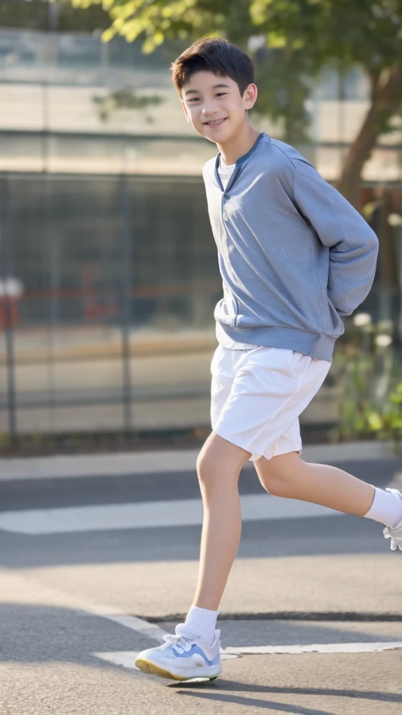 12-year-old boy,Smile，Spread your white and slender legs，jogging，full body，8K(nsfw)