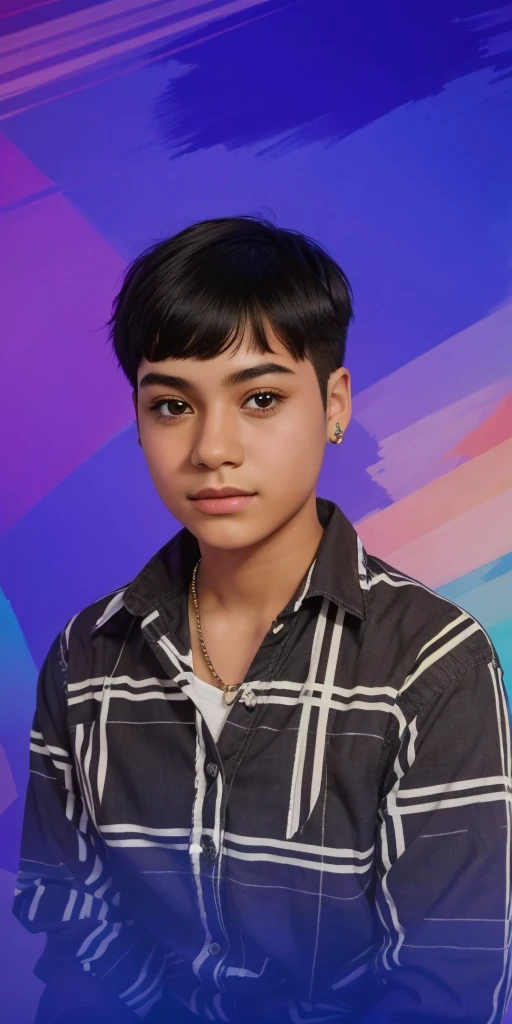 The image features a portrait of a young person with short hair, wearing a striped shirt. The background is a blur of colors.
