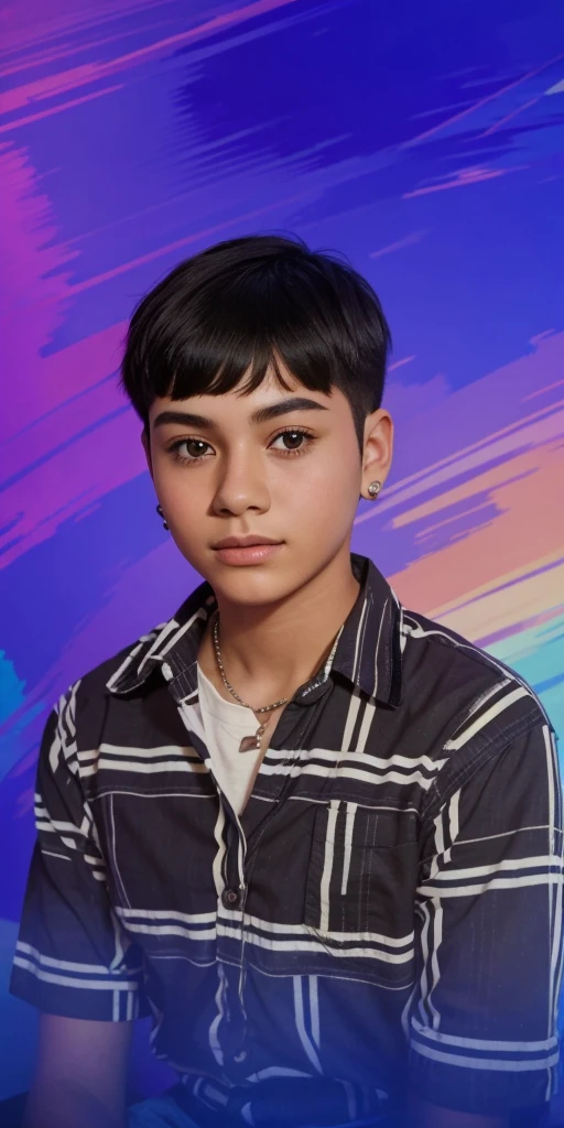 The image features a portrait of a young person with short hair, wearing a striped shirt. The background is a blur of colors.