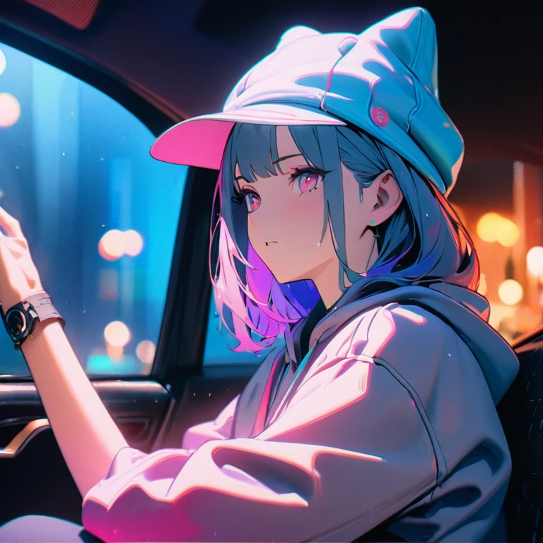 (Highest quality,8K,High resolution, masterpiece:1.2), Super detailed, High resolution, 超High resolution, Studio Lighting, Ultra-fine painting, Sharp focus, Physically Based Rendering, Very detailed explanation, Professional, Vibrant colors, Bokeh, Portraiture, Concept Artist, Cool color palette, Dramatic rainy street, Sitting in a car wearing a hoodie hat,Rear View,Straight face,