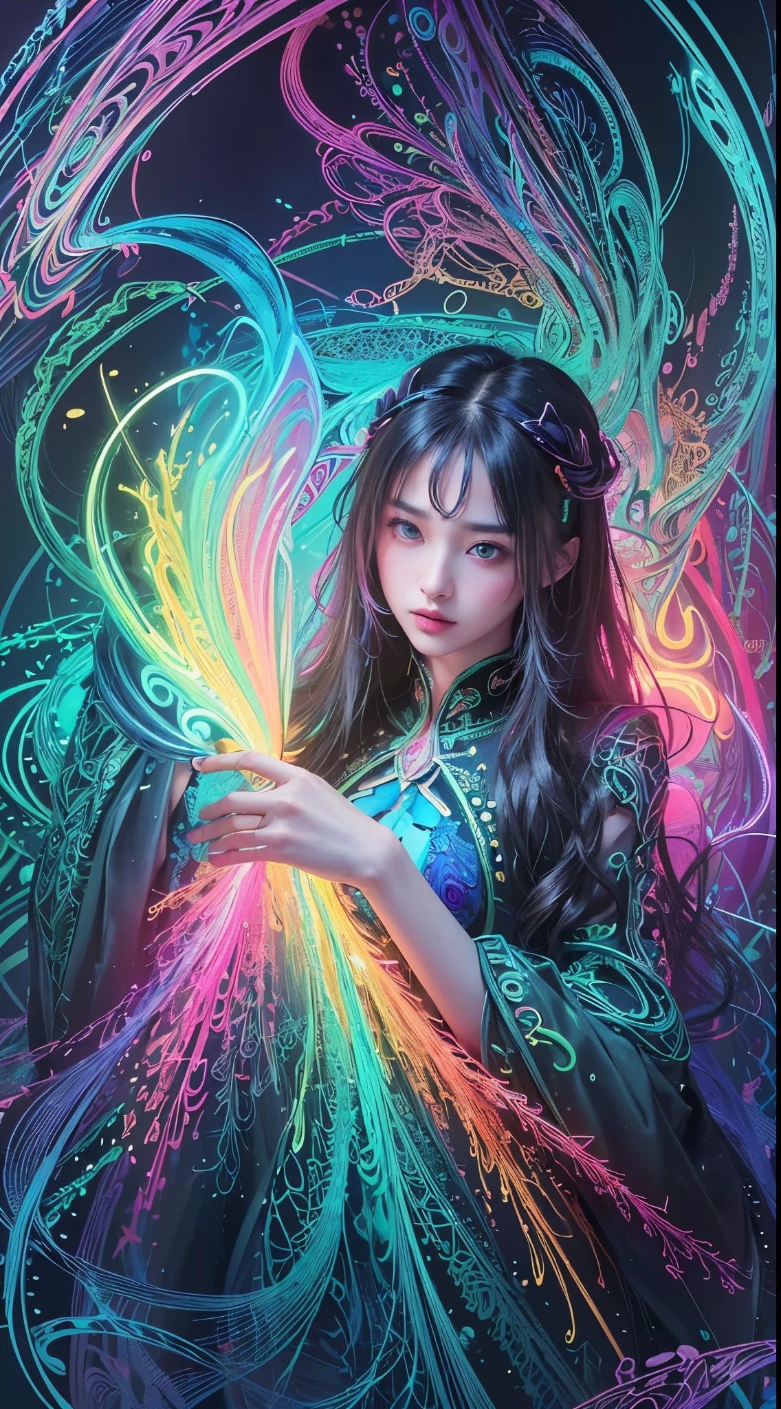 (masterpiece, top quality, best quality, official art, beautiful and aesthetic:1.2), (1girl:1.3), extremely detailed,(fractal art:1.2),colorful,highest detailed,( zentangle neon:1.2), (dynamic pose), (abstract background neon:1.5), (treditional dress:1.2), (shiny skin), (many colors:1.4), upper body ,Neon,16K,Full HD