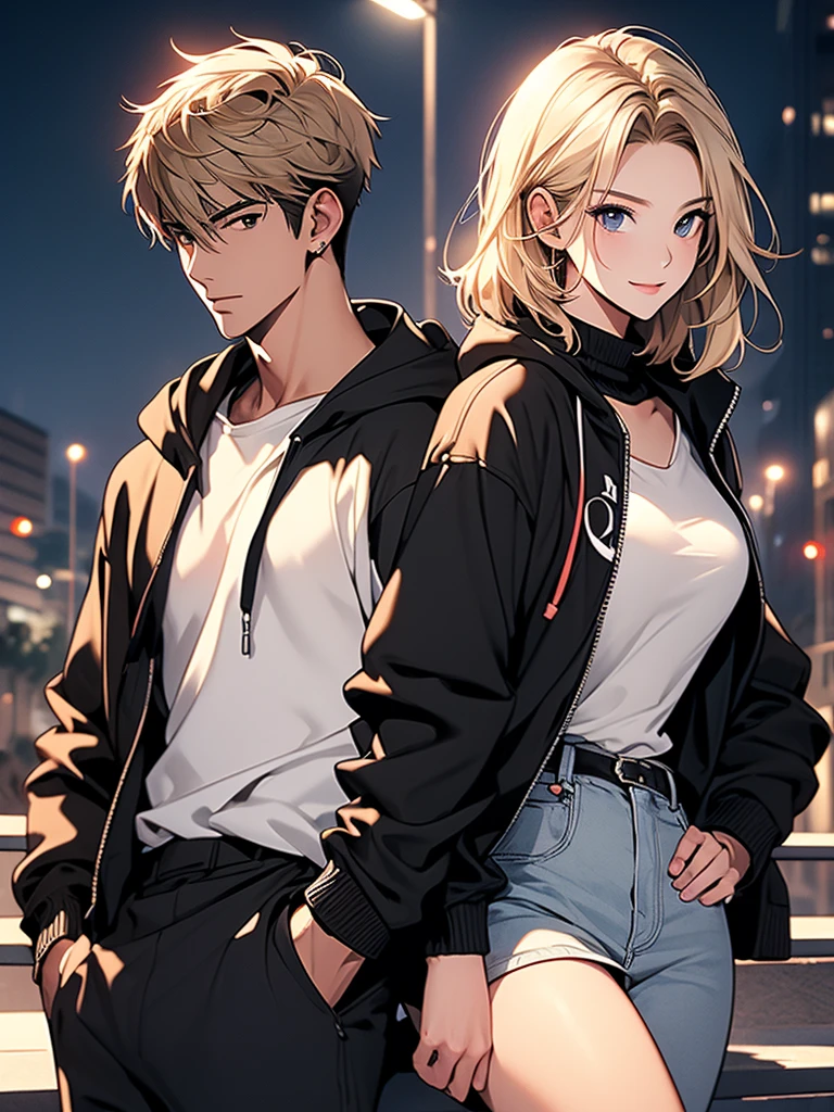 (masterpiece, Highest quality, Super detailed, High resolution, Highly detailed CG, Official Art, Professional Lighting, Perfect Anatomy, Anime Color), Lovely couple, Asian, very handsome, (His hair is medium blonde), Pair a hoodie with cargo pants, smile, Asian girl and, (Her hair is short and black), beautiful, Detailed Images, 8K, Detailed face, (Daytime:1.5), Australia, (in college:1.4),