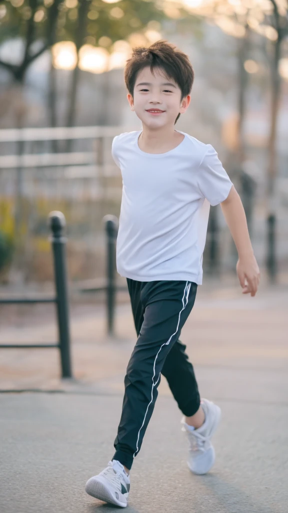 12-year-old boy,Smile,Spread your white and slender legs,jogging,full body,8K,Delicate facial features,Handsome boyish feeling,8K