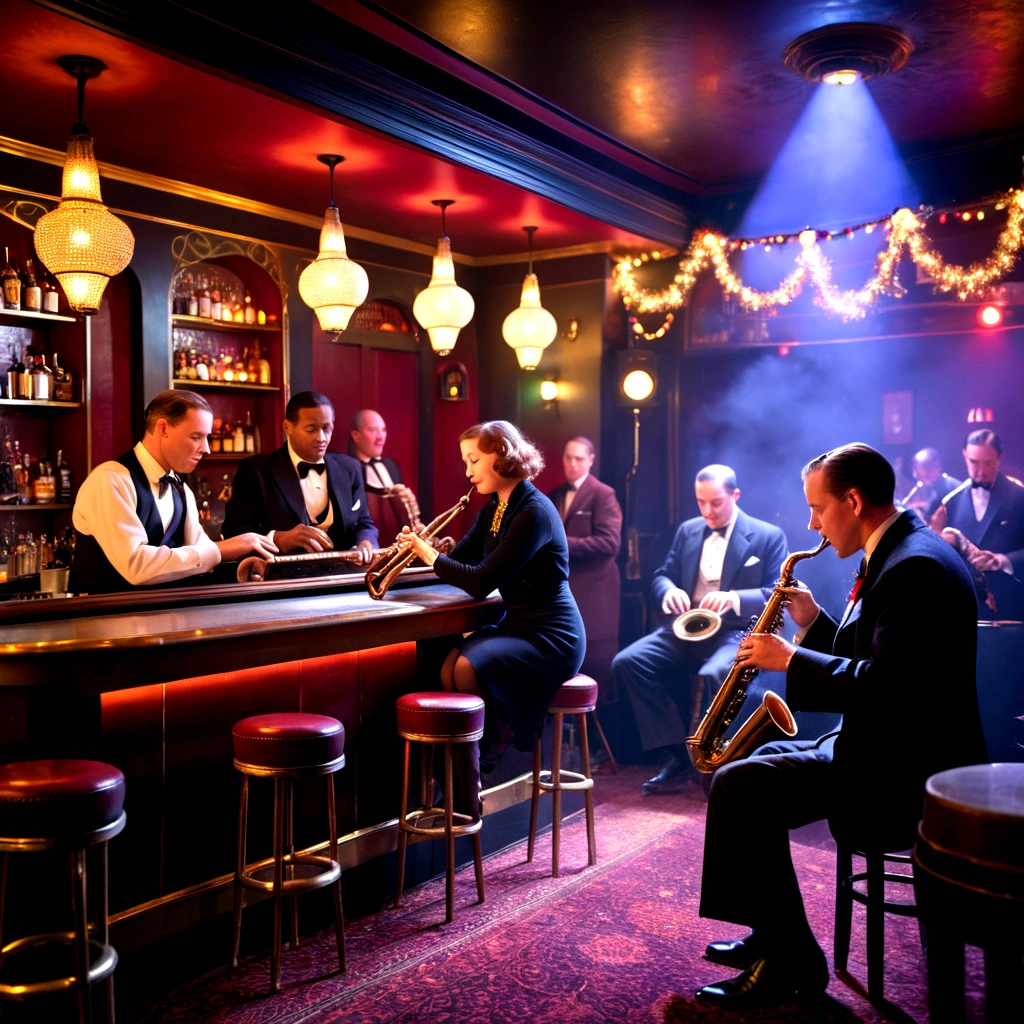 people sitting in a smoky 1930's jazz bar, human's playing instruments on stage, bright christmas lights, people dancing