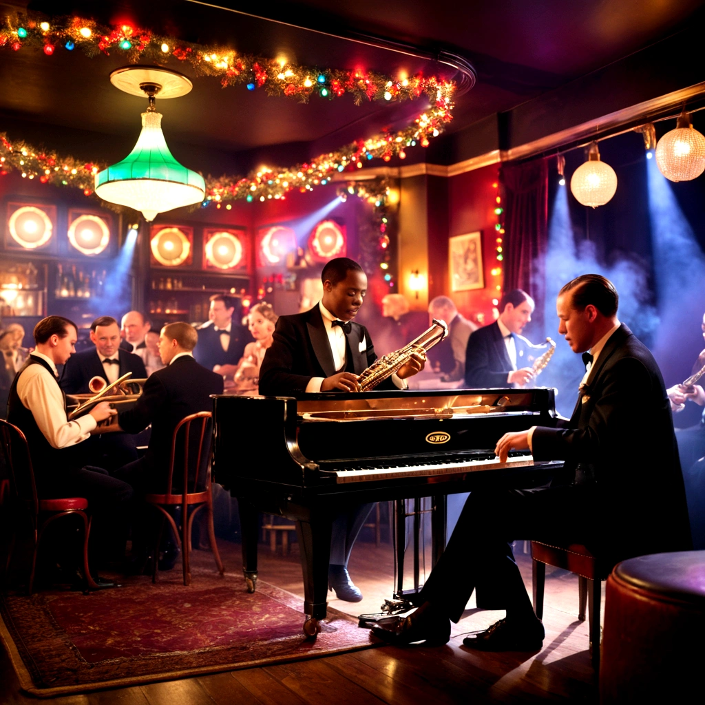 people sitting in a smoky 1930's jazz bar, human's playing instruments on stage, bright christmas lights, people dancing