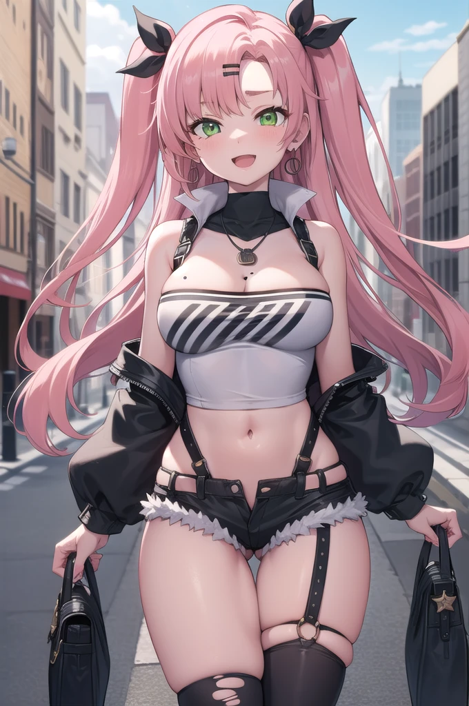 nicoledemara, nicole demara, (green eyes:1.5), pink hair, hair ornament, hair ribbon, hairclip, long hair, mole, mole on breast, mole on thigh, mole under eye, two side up, ribbon, smirk, smile, open mouth,
BREAK black footwear, black ribbon, black shorts, black socks, black thighhighs, boots, cleavage, crop top, earrings, jewelry, kneehighs, nail polish, necklace, o-ring, short shorts, shorts, single kneehigh, single sock, single thighhigh, socks, thigh strap, thighhighs, torn clothes, two side up,
BREAK outdoors, city, sky, clouds, sun, buildings, crowd, people, alley,
BREAK looking at viewer, (cowboy shot:1.5),
BREAK (masterpiece:1.2), best quality, high resolution, unity 8k wallpaper, (illustration:0.8), (beautiful detailed eyes:1.6), extremely detailed face, perfect lighting, extremely detailed CG, (perfect hands, perfect anatomy),