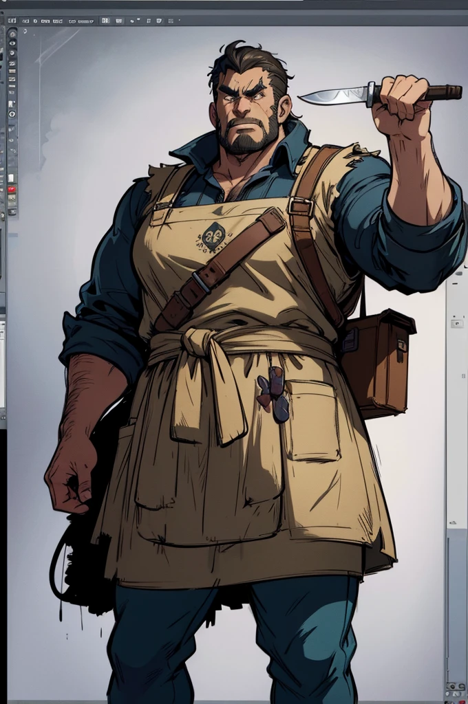 a cartoon image of a man with a knife in his hand, big Metzger man posing scarily, Ogre chef in an apron, Illustration concept art, extremely realistic concept art, realistic character concept art, He has big knives on his belt, Concept art illustration, Concept art by Greg Rutkowski, extremely detailed concept art, Metzger, professional concept art, senior concept artist
