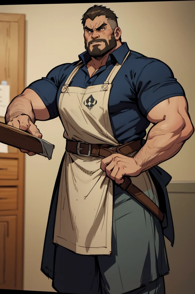 a cartoon image of a man with a knife in his hand, big Metzger man posing scarily, Ogre chef in an apron, Illustration concept art, extremely realistic concept art, realistic character concept art, He has big knives on his belt, Concept art illustration, Concept art by Greg Rutkowski, extremely detailed concept art, Metzger, professional concept art, senior concept artist
