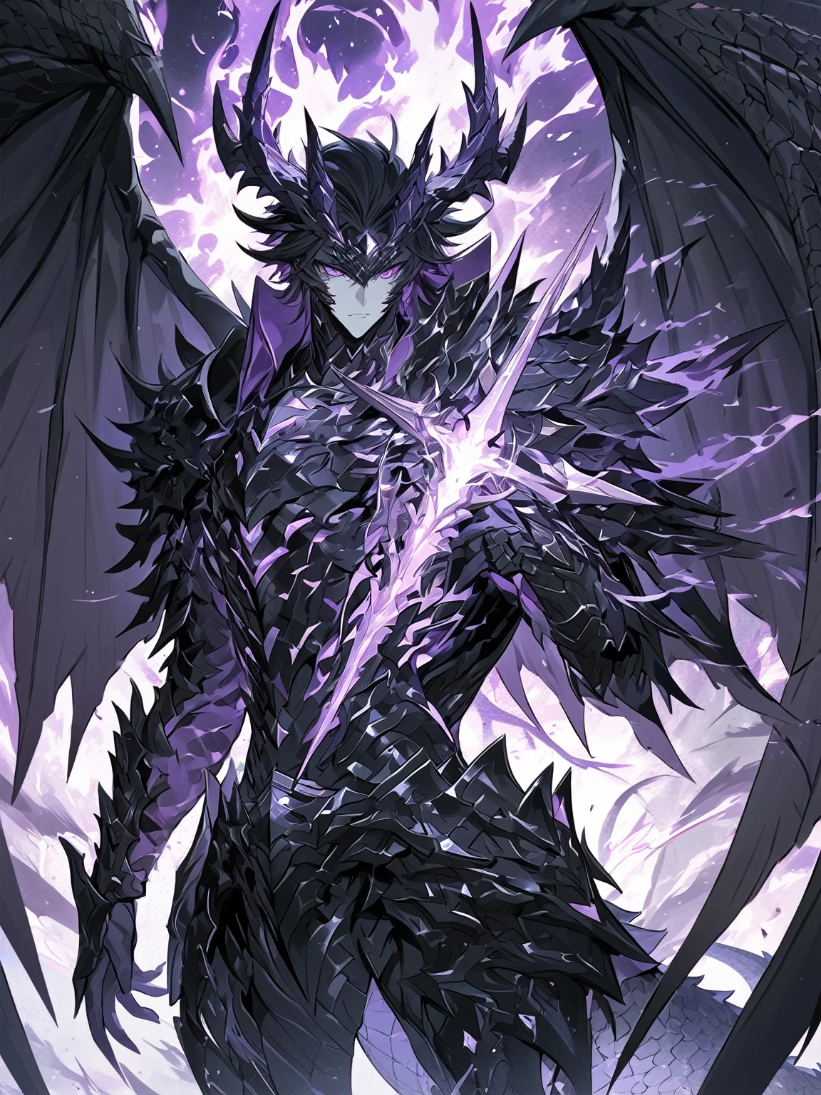 Masterpiece, Very detailed, ultra detailed, one, (1 man), man with a V-shaped body, Gray skin colour, dragon horns, two large dragon wings, full detailed dark obsidian armor with light purple details that seemed like a purple fire. Long black hair combed back, and reptile eyes that shine crimson-purple. In the style of manhwa "Omniscient Reader's Viewpoint"