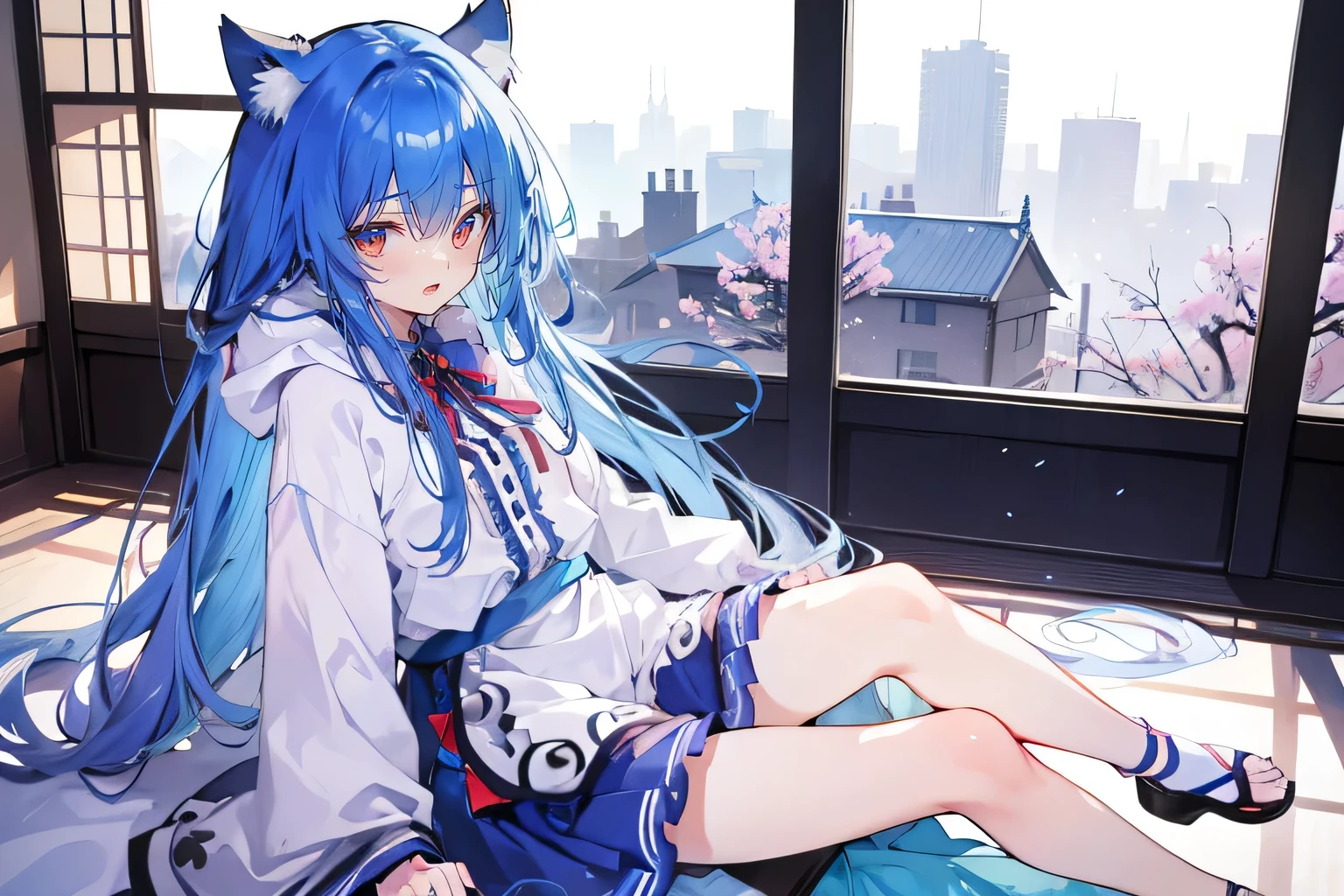 （masterpiece：1.2），Super detailed，lifelike，Expressive eyes，fair skin，perfect face shape，1 girl，
Japanese comics,Gorgeous blue hair,flowing blue hair,flowing clothes,Cat ears,Petals fall,beautiful lola,Baby Angel,
Shaking head with one hand，Cross your legs，Gentle and peaceful background，The pavilion is cool and comfortable,smile, wearing hoodie, In front of the window,snowing