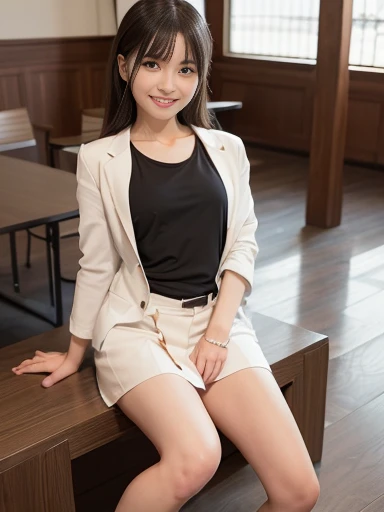 Japanese female, a lot of details, (underweight), 30 years old, detailed black hair, beautiful detailed hair, super fucking beautiful, delicate beautiful face, complex details beautiful and delicate eyes, perfect hands, (flat chest best quality:1.5), perfect and delicate limbs, detailed skin, best quality, ultra-detailed,(cheerful grin:1.5),
bar, wink, office lady, (jacket:1.0),in the bar, with a table, with a sofa, (full body shot), low angle shot, bloom, soft lighting