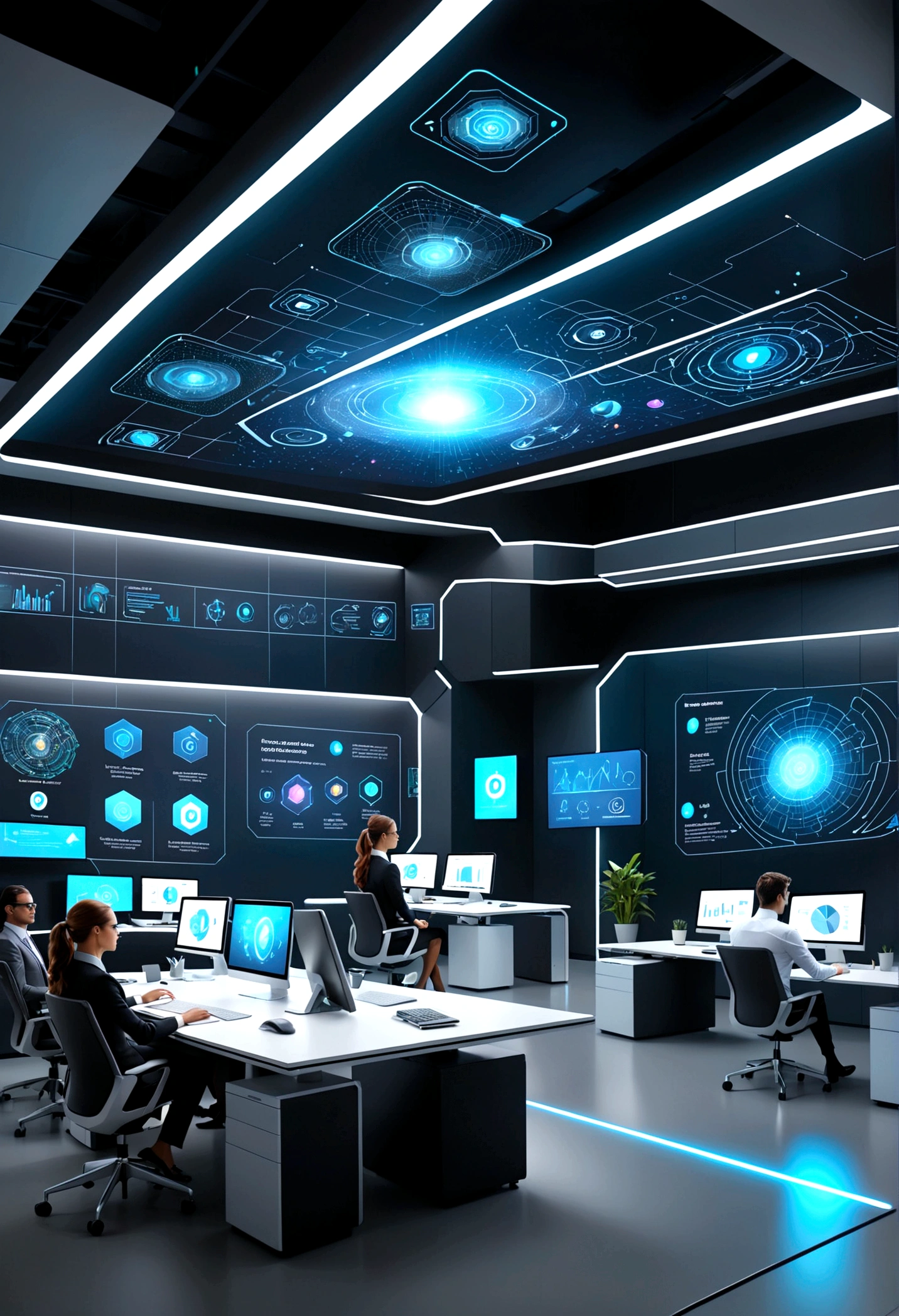A futuristic office space with holographic displays, showing innovative business solutions, data analytics, and AI-driven insights.